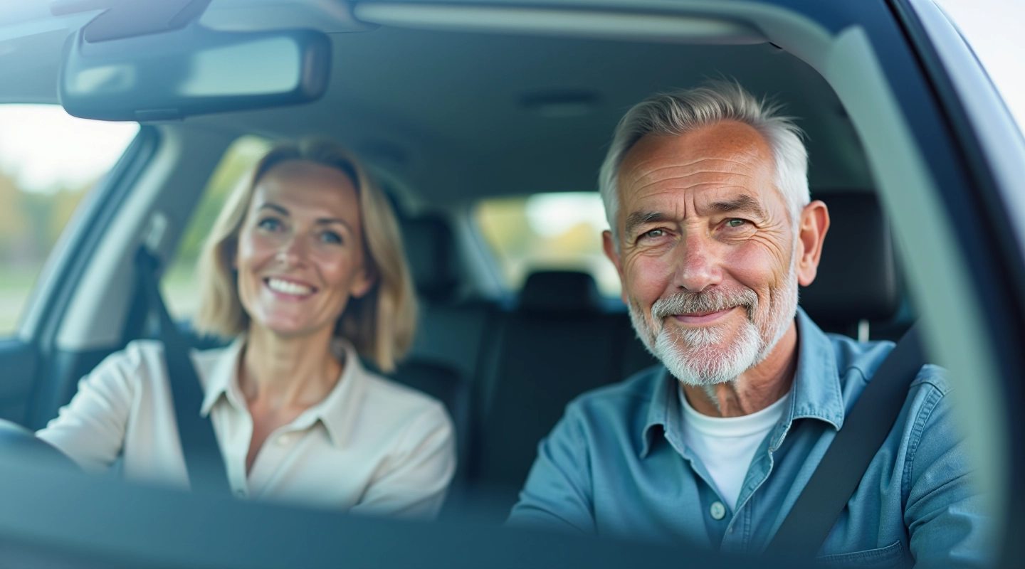 Older couple sitting inside a modern hybrid sedan, visible through windshield, peaceful expression, daytime