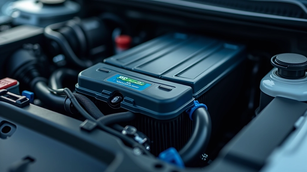Close-up of hybrid battery pack and electrical connections in vehicle engine bay