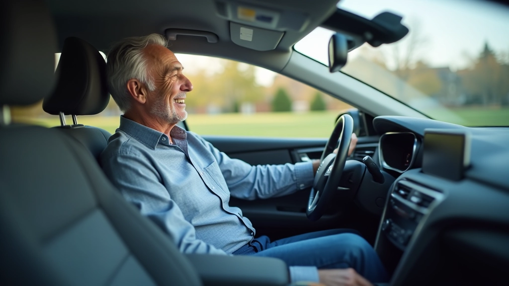 Mature driver sitting comfortably in a hybrid sedan