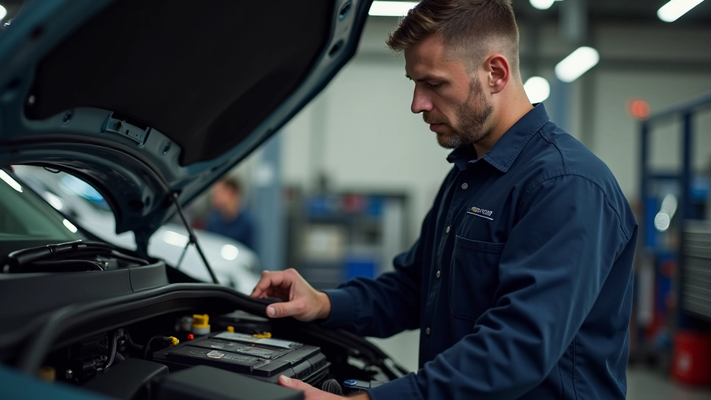 Mechanic inspecting hybrid vehicle battery and electrical components during maintenance