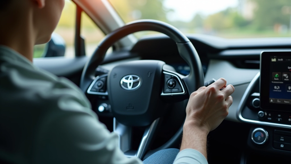 Close-up of Prius steering wheel with safety control buttons and haptic feedback indicators, modern dashboard visible in background