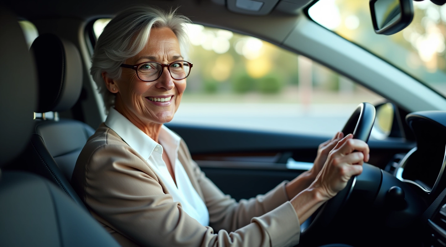 Mature driver in comfortable hybrid sedan interior with modern dashboard visible