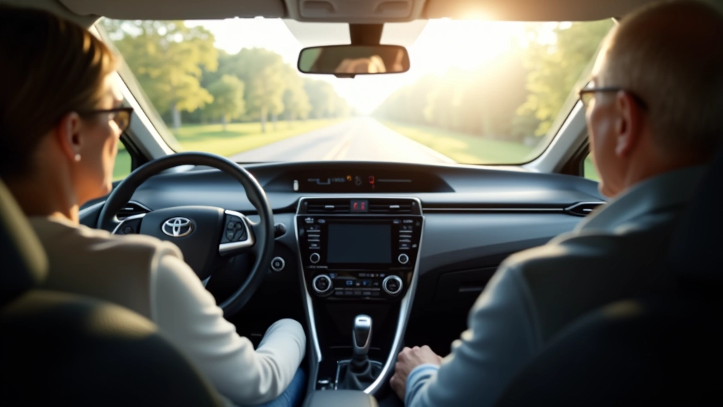 Toyota Prius interior showing dashboard and steering wheel, sunlight streaming through windshield