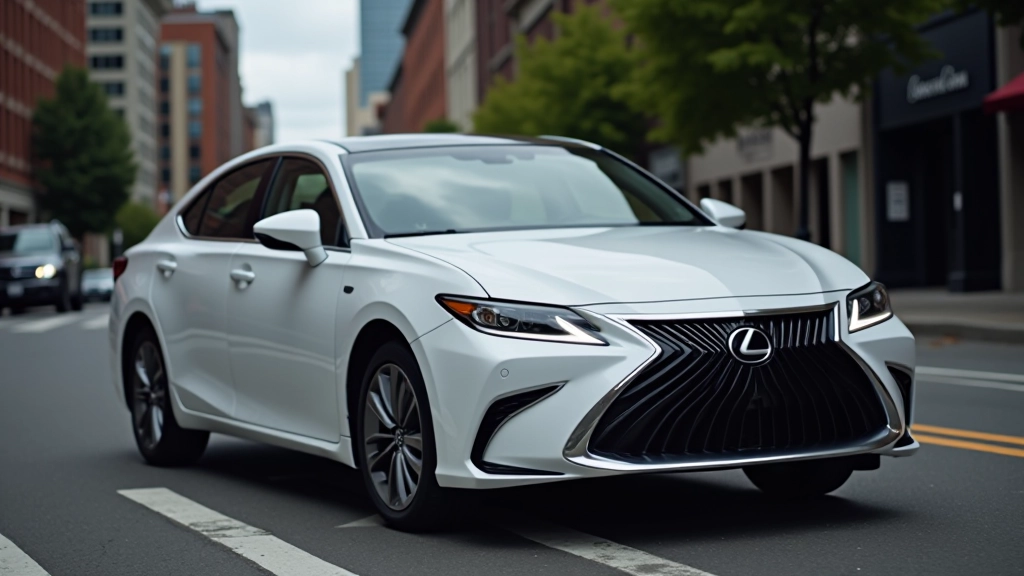 Lexus ES hybrid exterior shot on city street, professional angle showing sedan profile